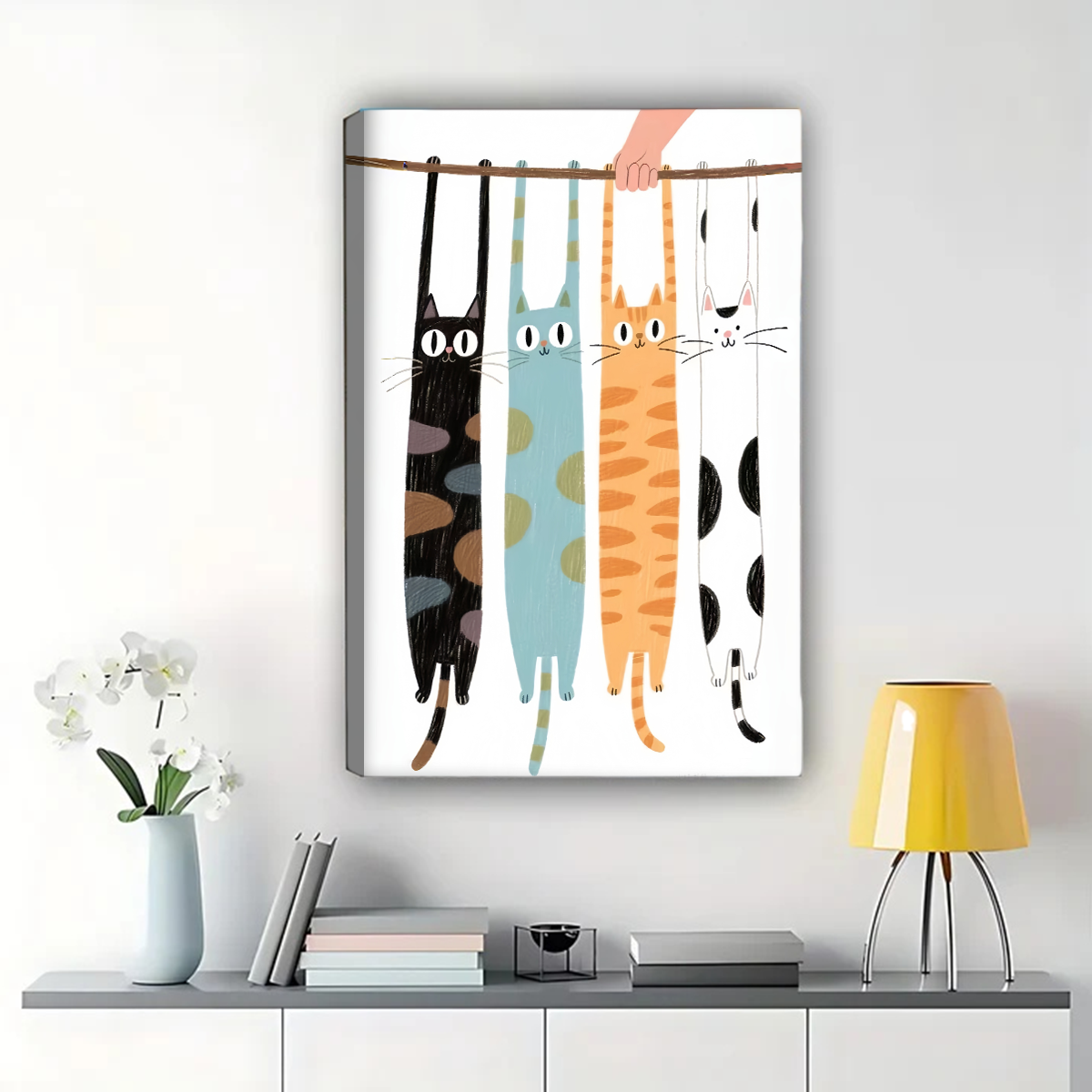 Hanging Cats on Clothesline Wall Art - Whimsical Cat Print