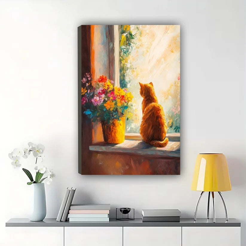 Ginger Cat at Window – Cozy Oil Painting Style Wall Art on Natural Wood Canvas