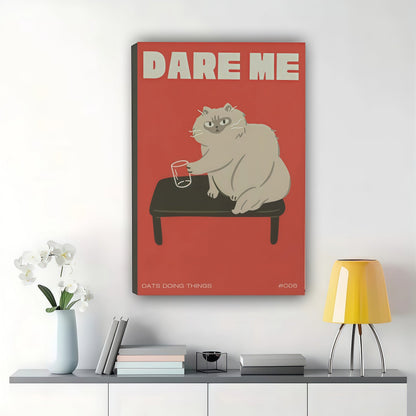 Dare Me Cat & Mouse – Playful Retro Quote Wall Art on Natural Wood Canvas