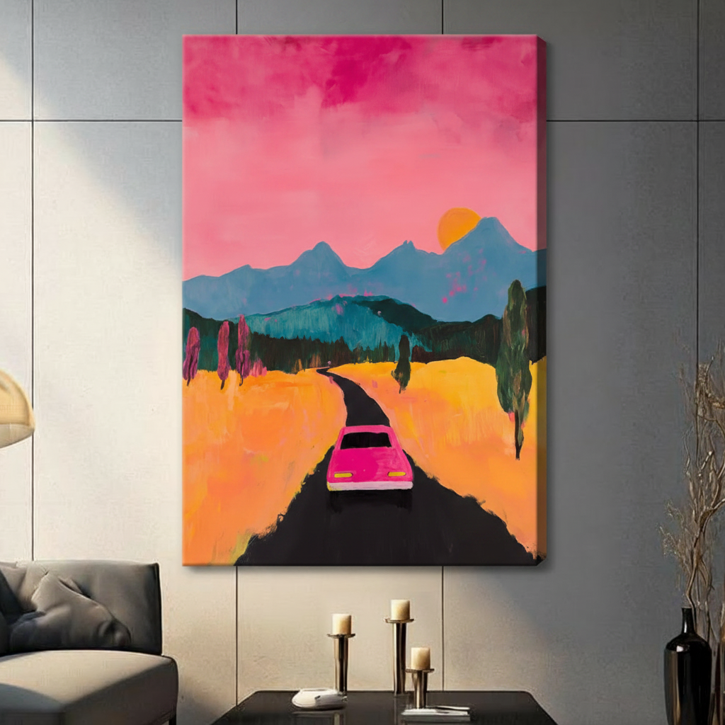 Neon Sunset Road Trip Framed Canvas Wall Art
