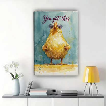 You Got This Chick Wall Art – Motivational Watercolour Bird Canvas Print on Natural Wood Frame