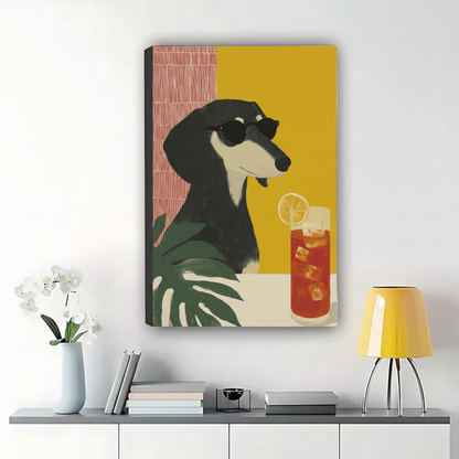 Dachshund with Iced Tea Wall Art – Cool Retro Dog Canvas Print on Natural Wood Frame