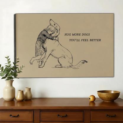 Hug More Dogs – Minimalist Line Art Pet Wall Decor on Natural Wood Canvas