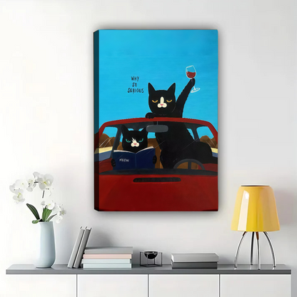 Funny Black Cats Driving Wall Art - Why So Serious Cat Print