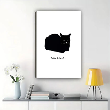 Minimalist Black Cat “Follow Blink” – Sleek Monochrome Wall Art on Natural Wood Canvas