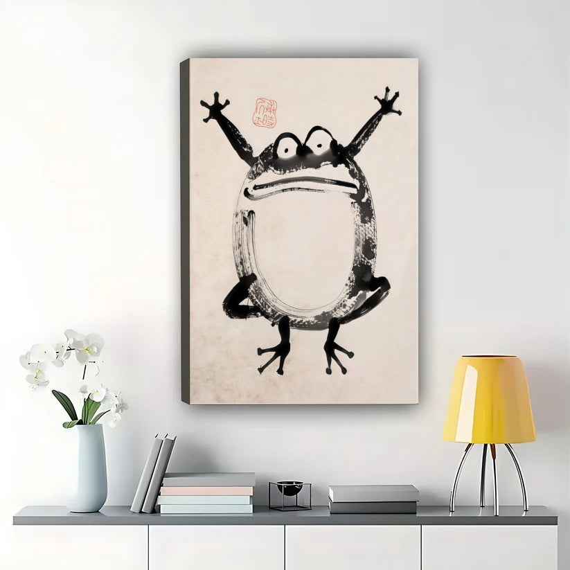 Joyful Frog in Sumi-e Style – Whimsical Japanese-Inspired Wall Art on Natural Wood Canvas
