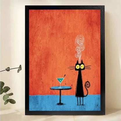 Black Cat with Martini Wall Art – Retro Mid-Century Canvas