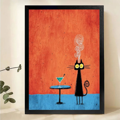 Black Cat with Martini Wall Art – Retro Mid-Century Canvas