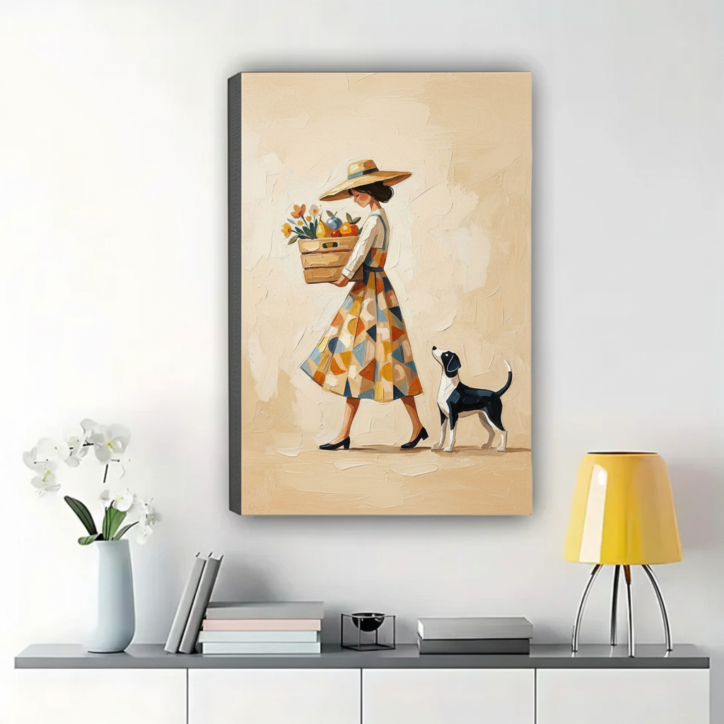 Market Day Woman & Beagle Wall Art – Vintage Bohemian Oil Painting Canvas Print on Natural Wood Frame