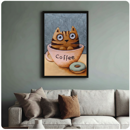 Cute Cat Coffee Cup Whimsical Canvas Wall Art