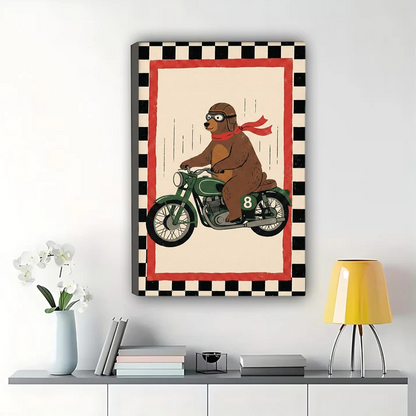 Bear on Motorcycle Wall Art – Retro Racing Animal Canvas