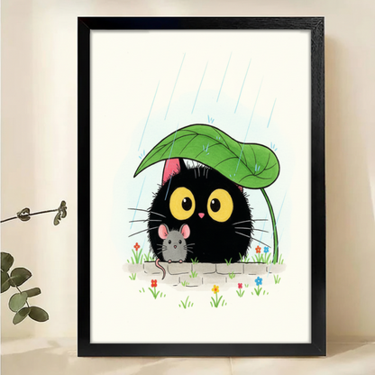 Black Cat in Rain Wall Art - Cute Cat and Mouse Friendship Print