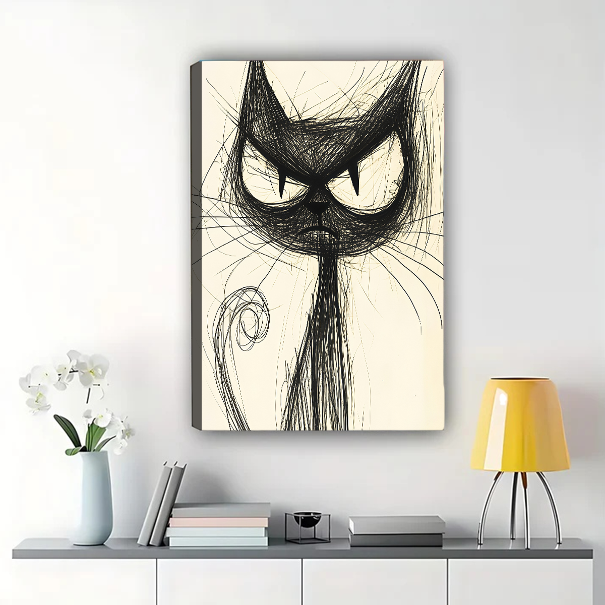 Sketchy Black Cat Art Print - Minimalist Line Drawing Wall Art