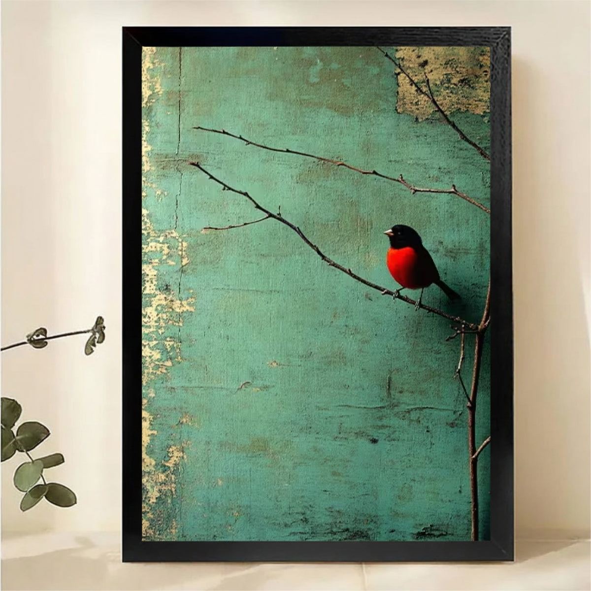 Red Robin on Branch Wall Art - Vintage Teal Print