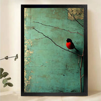 Red Robin on Branch Wall Art - Vintage Teal Print