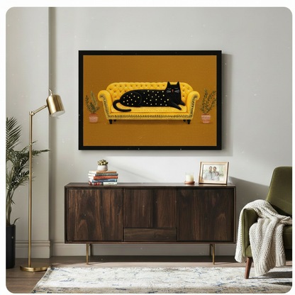Black Cat Golden Sofa Boho Canvas Wall Art