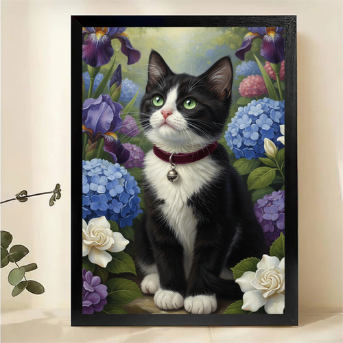 Tuxedo Cat in Flower Garden Canvas Art - Blue Hydrangeas & Irises
