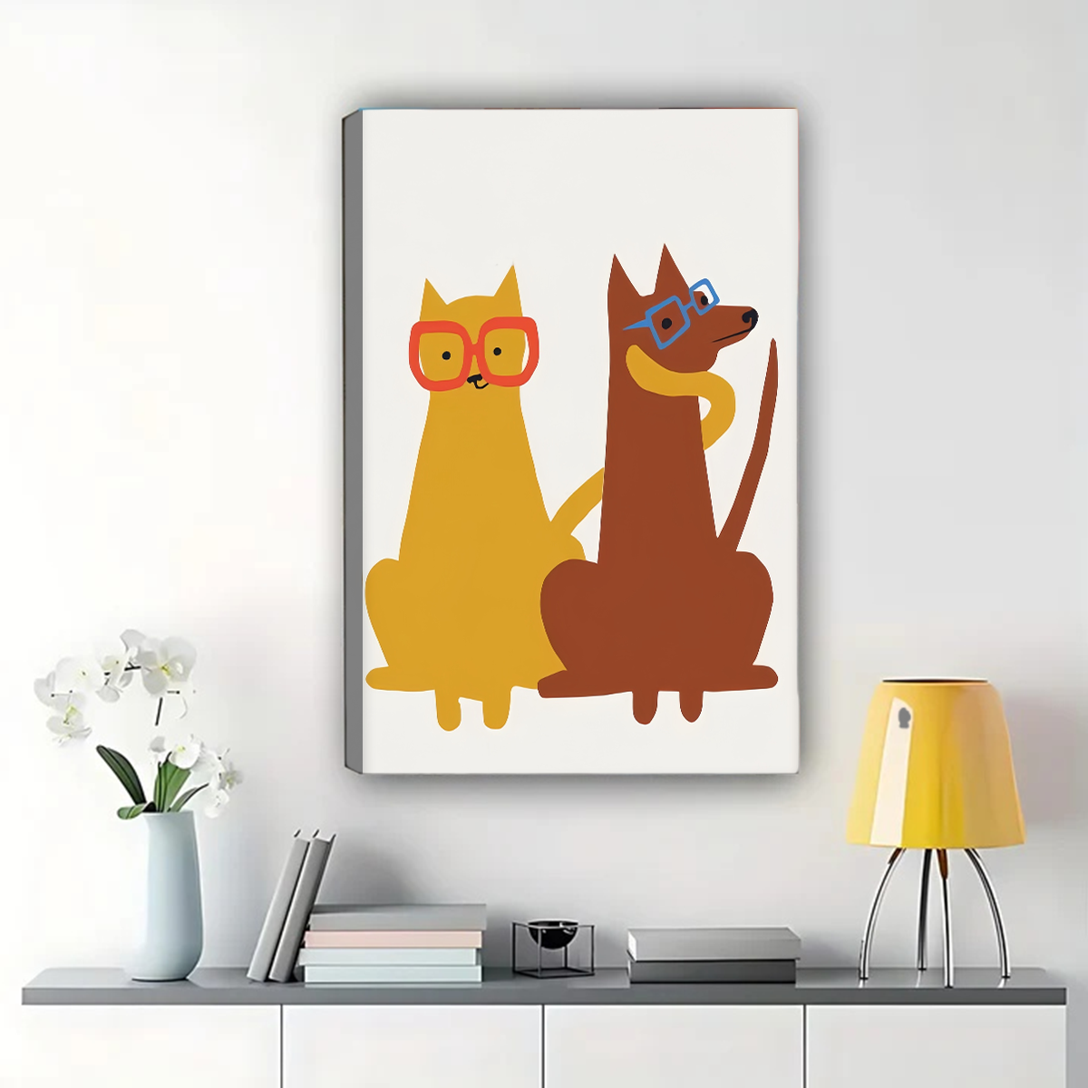 Cat and Dog with Glasses Wall Art Print - Whimsical Pet Illustration