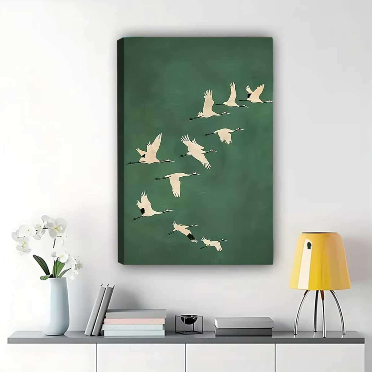 Flying Cranes Wall Art - Minimalist Green Bird Silhouette Print