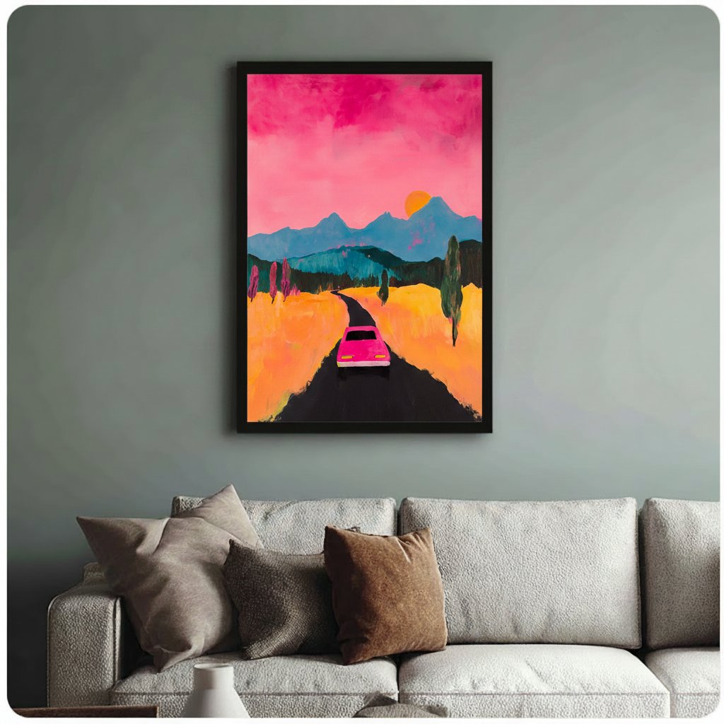 Neon Sunset Road Trip Framed Canvas Wall Art