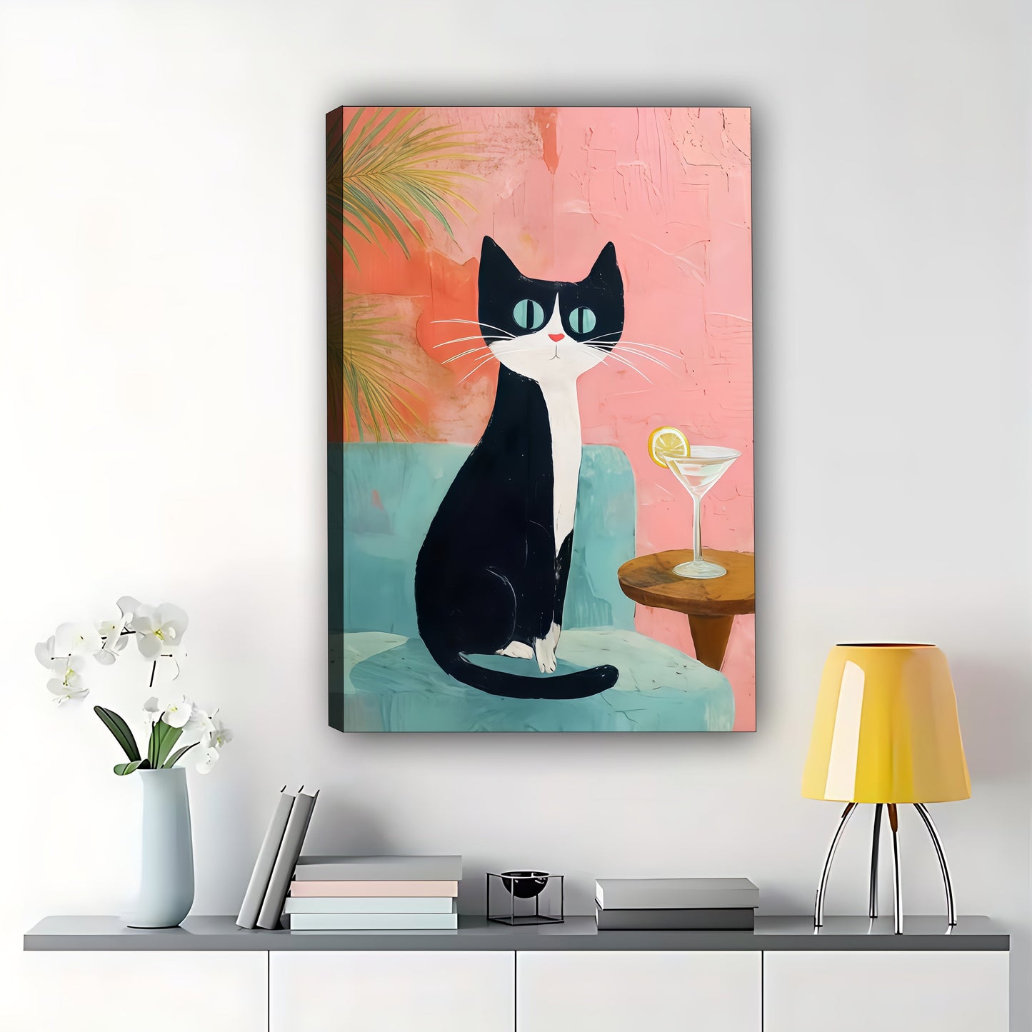 The Cocktail-Sipping Black Cat – Retro Chic Wall Art on Natural Wood Canvas