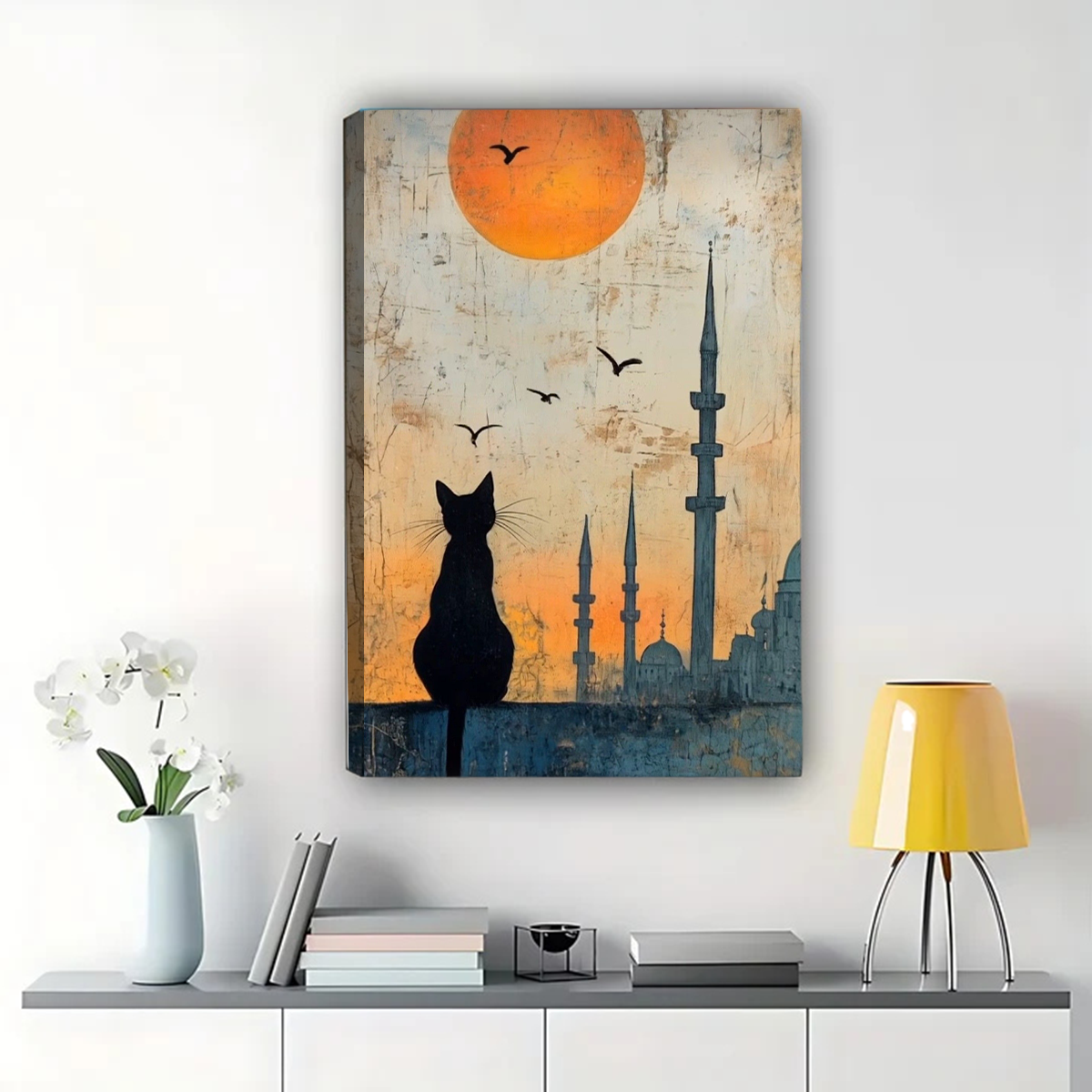 Cat Silhouette Mosque Sunset Wall Art - Istanbul Skyline Canvas Print