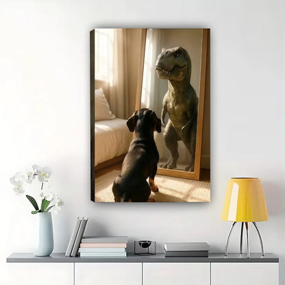 Dog Meets Dinosaur Framed Wall Art – Whimsical Animal Print for Home Decor