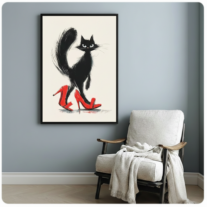 Chic Black Cat Red Heels Canvas Art Wall Art