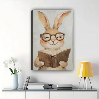 Bunny with Glasses Reading Book Canvas Wall Art - Cute Nursery Print