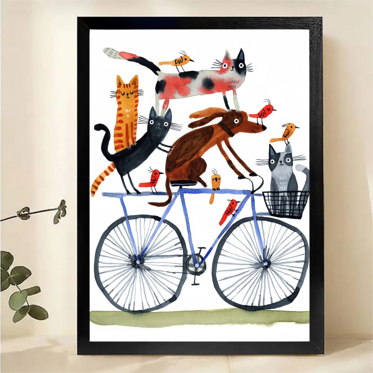 Animals on Bicycle Wall Art - Whimsical Cats Dogs Birds Print
