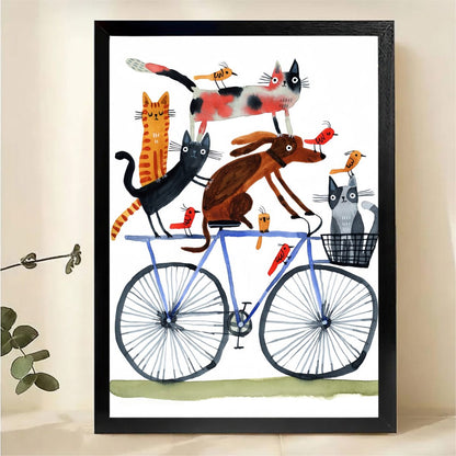 Animals on Bicycle Wall Art - Whimsical Cats Dogs Birds Print
