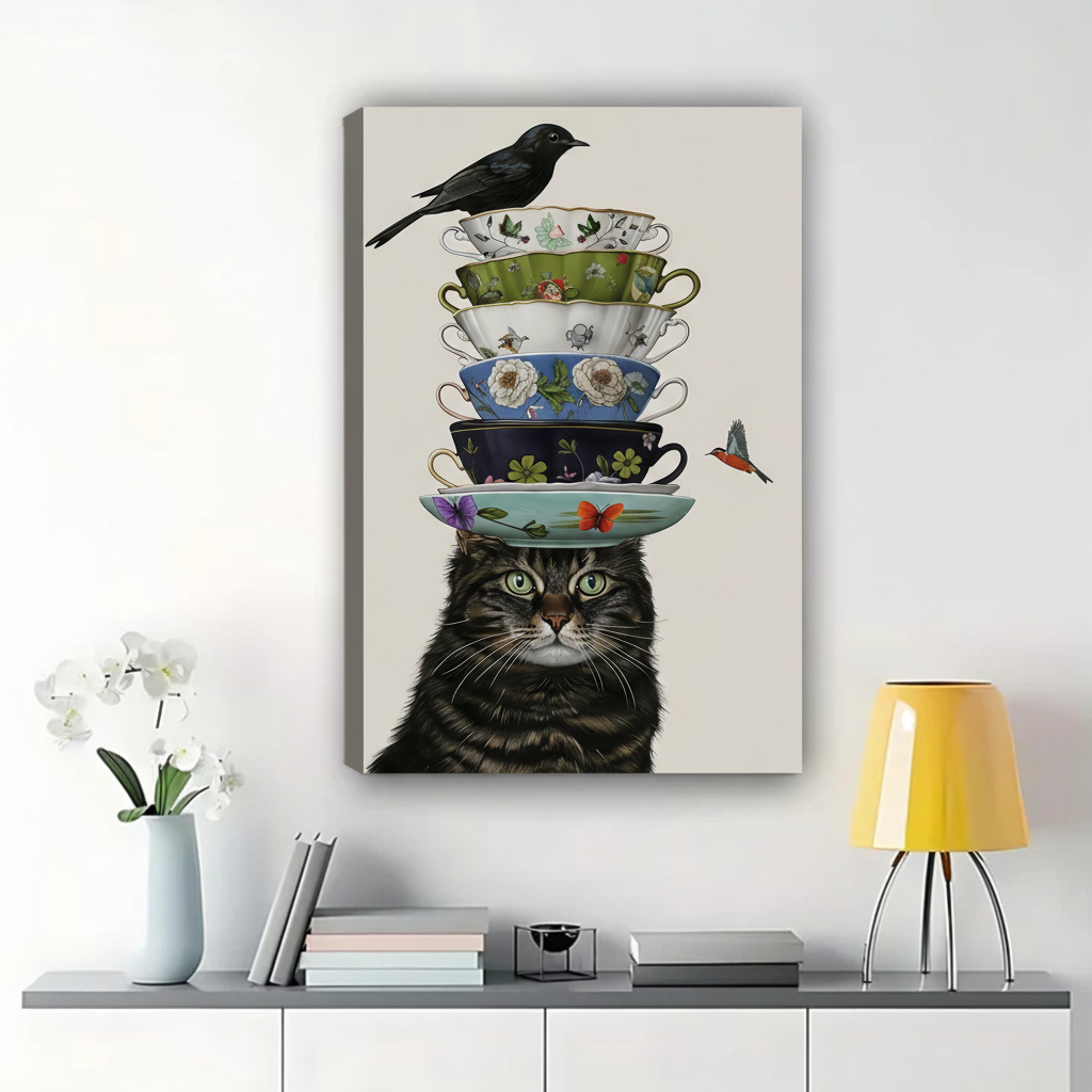 Cat Balancing Teacups Wall Art - Whimsical Kitchen Canvas Print