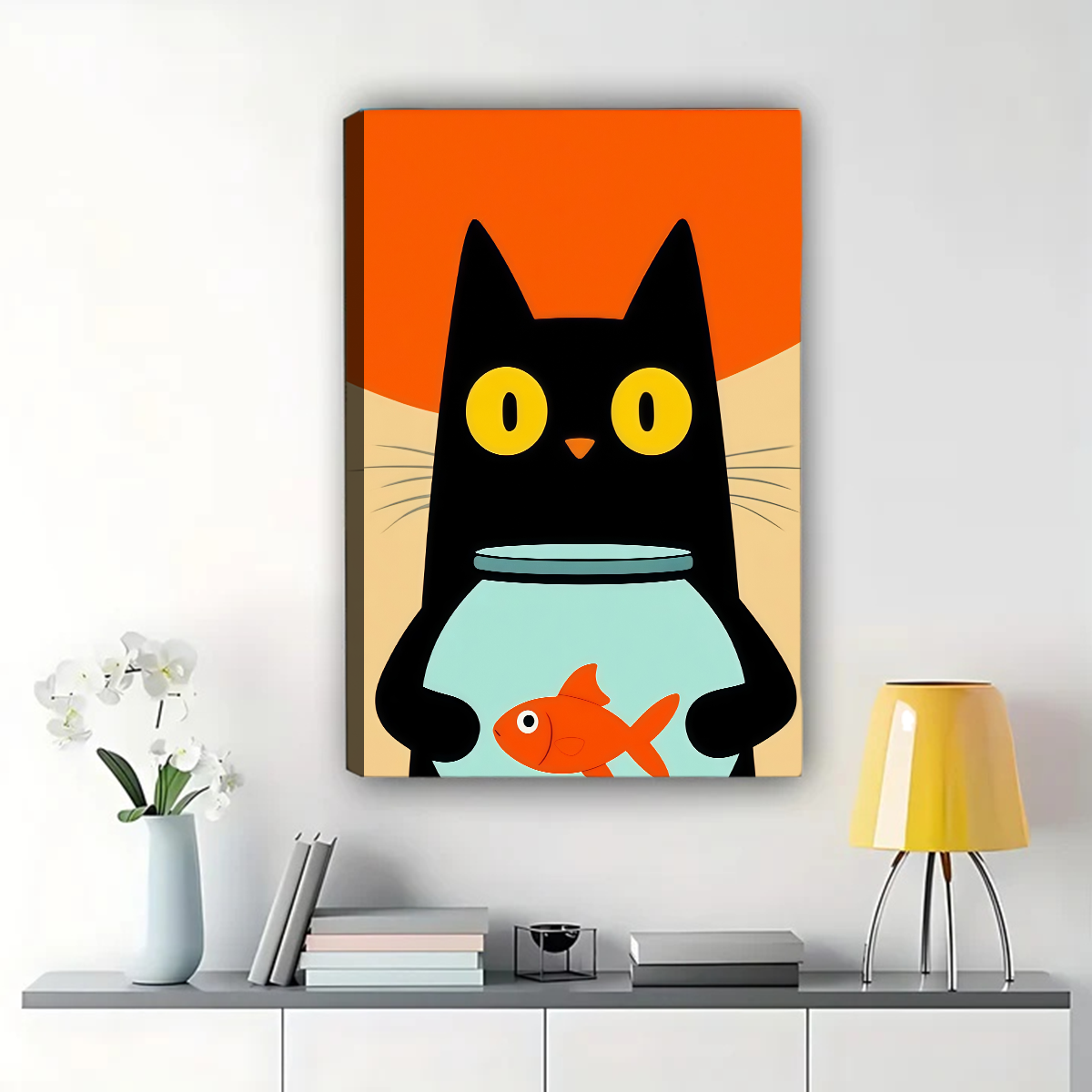 Black Cat with Goldfish Bowl Wall Art - Whimsical Animal Print