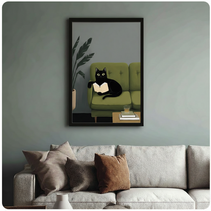 Black Cat Reading on Sofa Canvas Wall Art