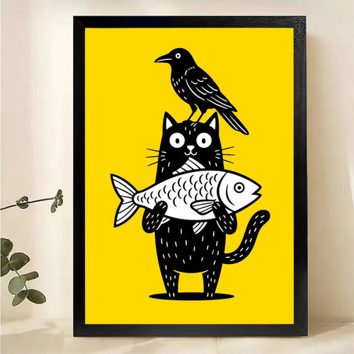Cat with Fish and Crow Wall Art - Whimsical Yellow Print