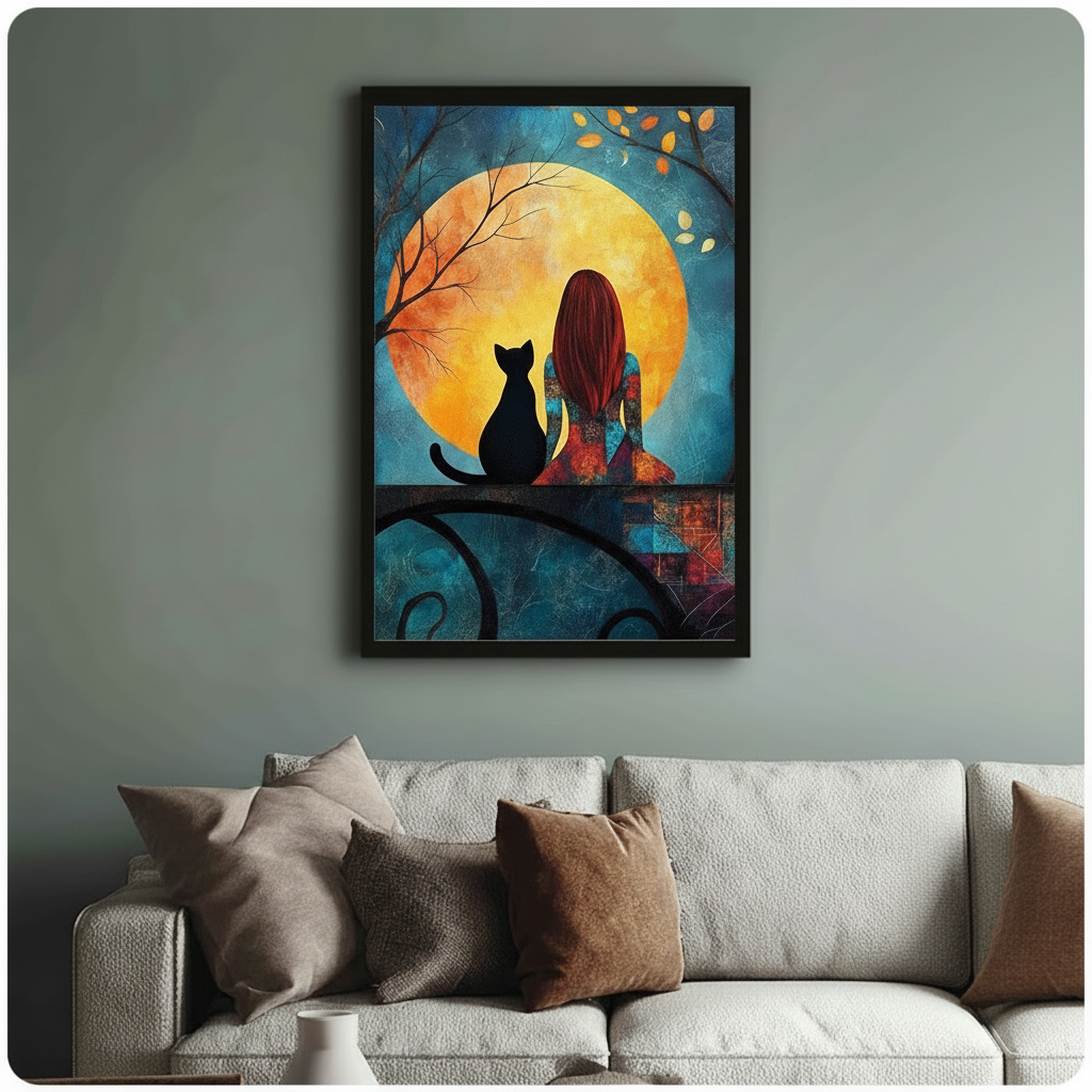 Girl Black Cat Moon Night Romantic Canvas Print