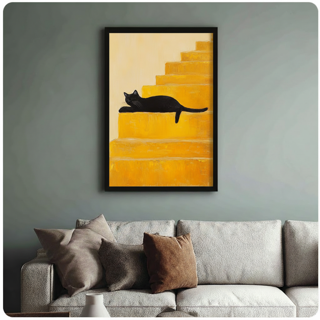 Black Cat Yellow Stairs Minimalist Canvas Wall Art