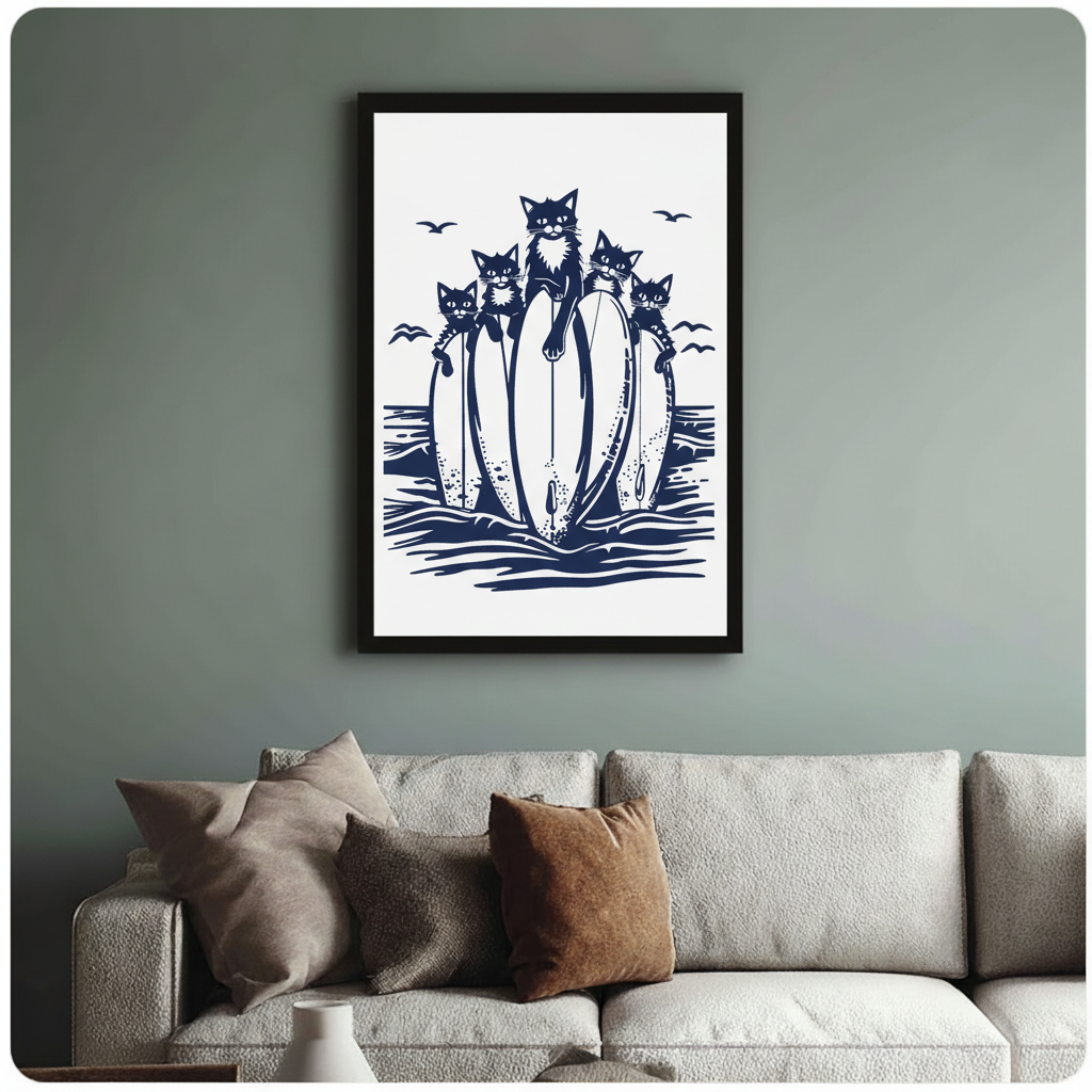 Surfing Cats Canvas Wall Art – Navy Linocut Print