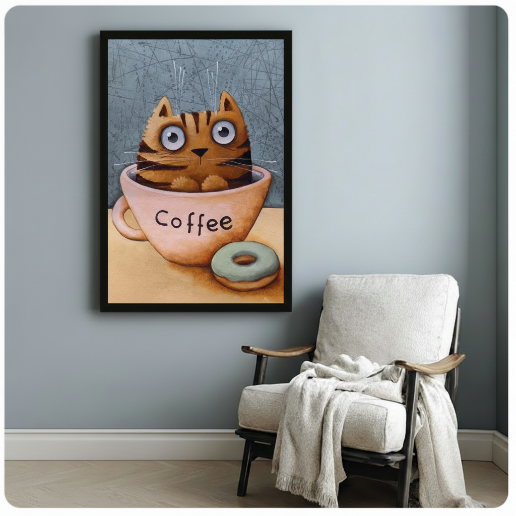 Cute Cat Coffee Cup Whimsical Canvas Wall Art