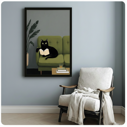 Black Cat Reading on Sofa Canvas Wall Art
