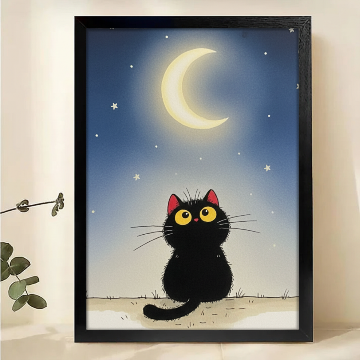 Black Cat Moon Wall Art - Starry Night Cat Silhouette Print