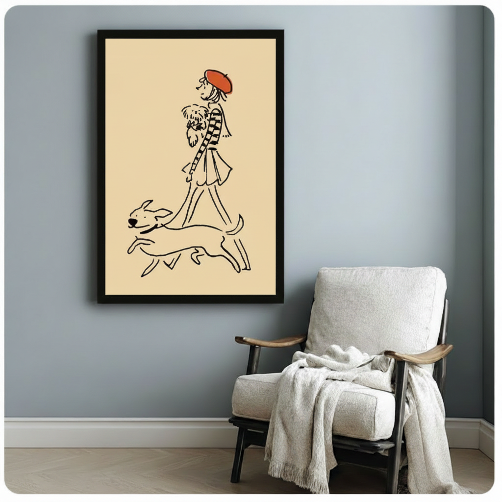 Parisian Girl Dogs Walk Minimalist Line Art Canvas Print
