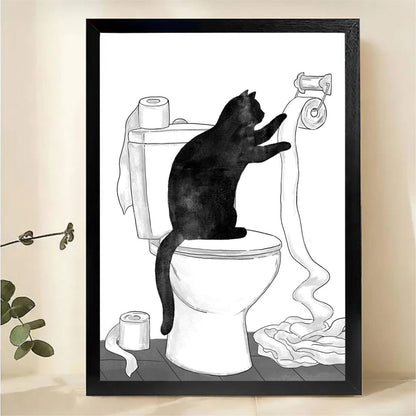 Cat Unrolling Toilet Paper Wall Art - Funny Bathroom Print