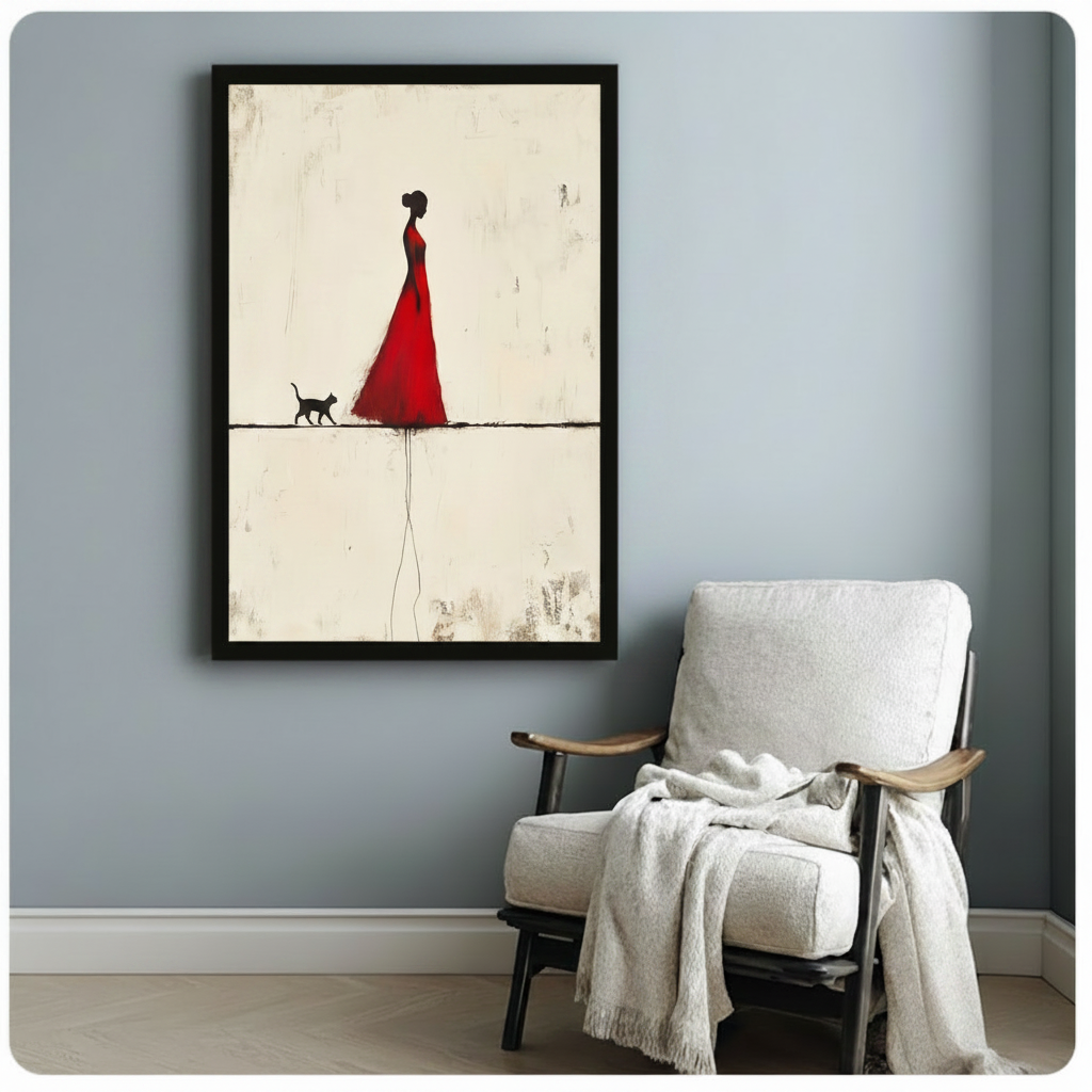 Red Dress Woman Black Cat Minimalist Canvas Print