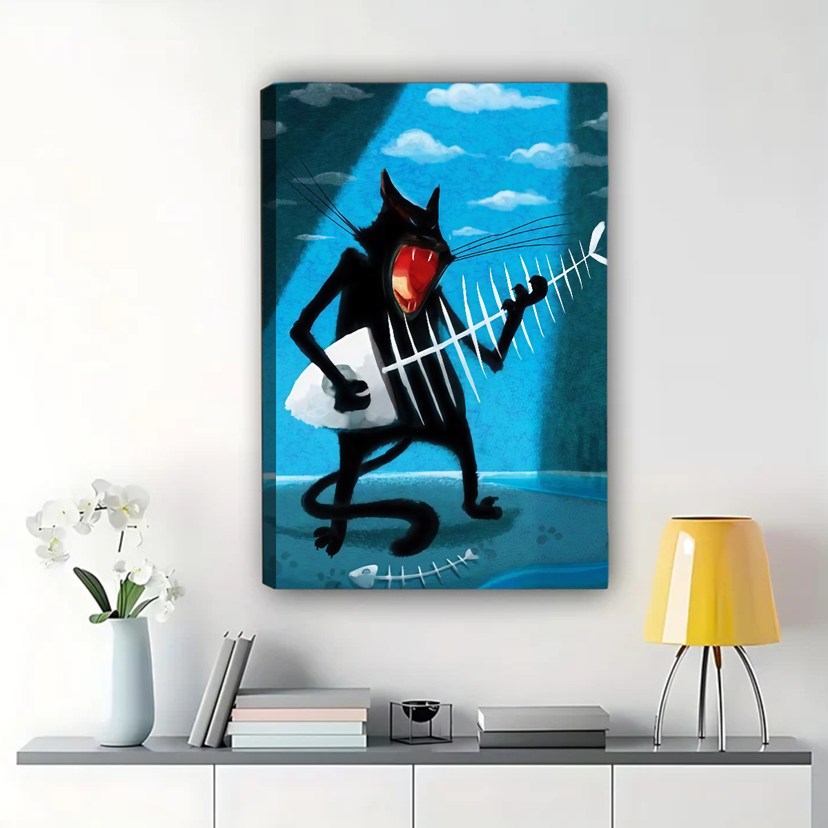 Cat Playing Fish Bone Guitar Wall Art - Bold Blue Print