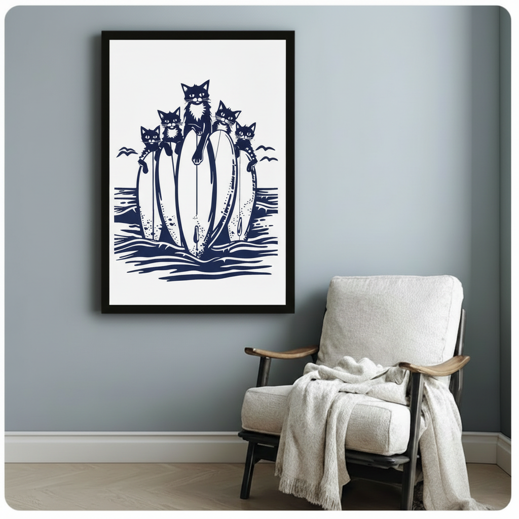 Surfing Cats Canvas Wall Art – Navy Linocut Print