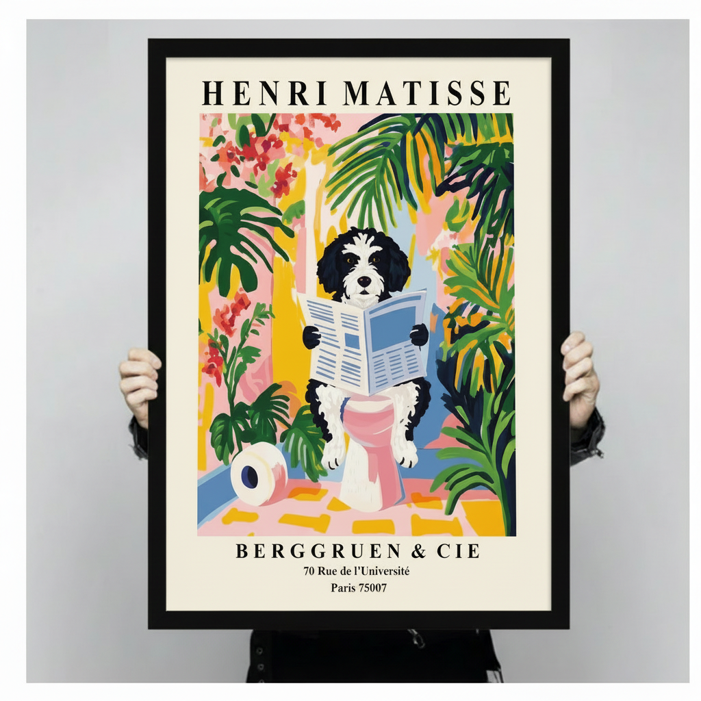 Matisse-Style Dog Reading Newspaper Framed Canvas Art