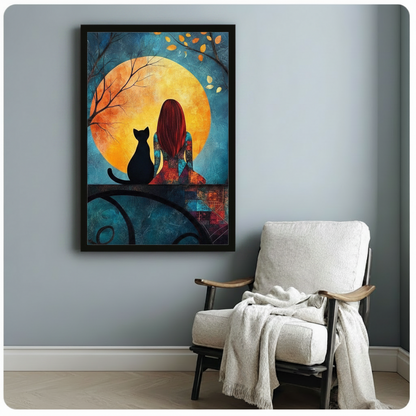 Girl Black Cat Moon Night Romantic Canvas Print