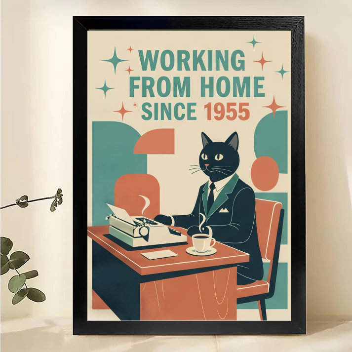 Working from Home Since 1955 Cat Poster - Funny Retro Office Wall Art