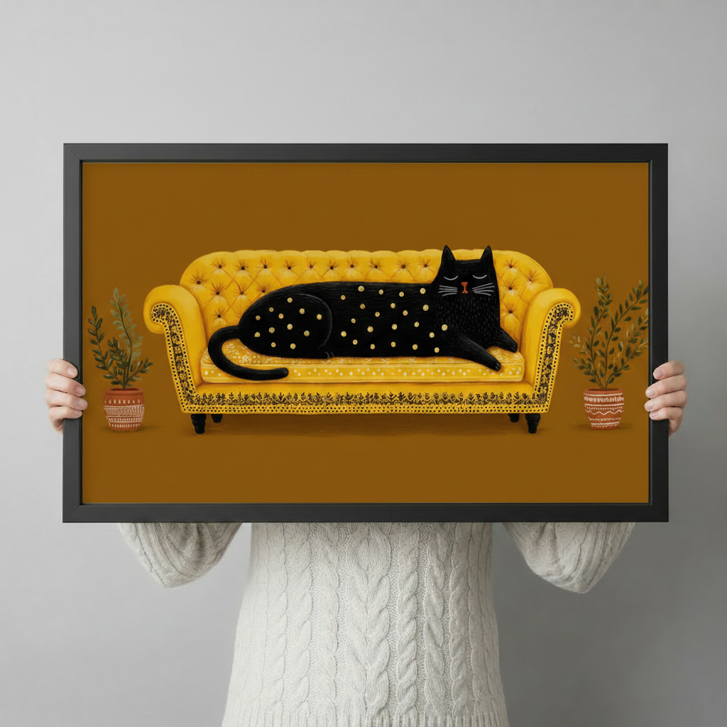 Black Cat Golden Sofa Boho Canvas Wall Art